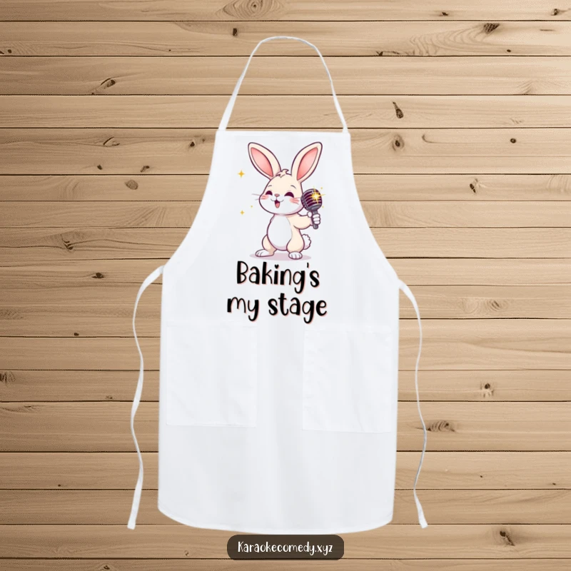 Funny rabbit with a sparkly microphone, striking a dramatic pose, practical and glamorous apron.
