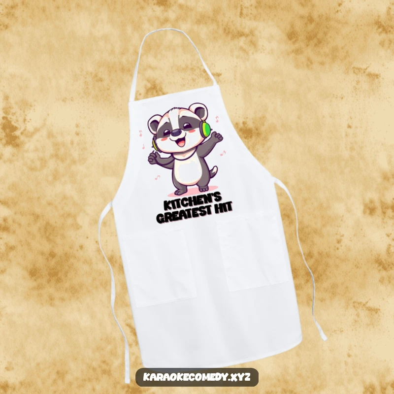 Funny apron showing a badger wearing headphones, dancing energetically while cooking, ready for a kitchen party.