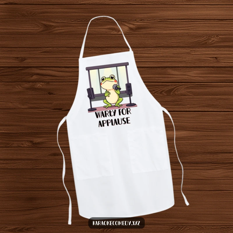 Funny apron featuring a frog holding a microphone, ready to sing while cooking up a storm.