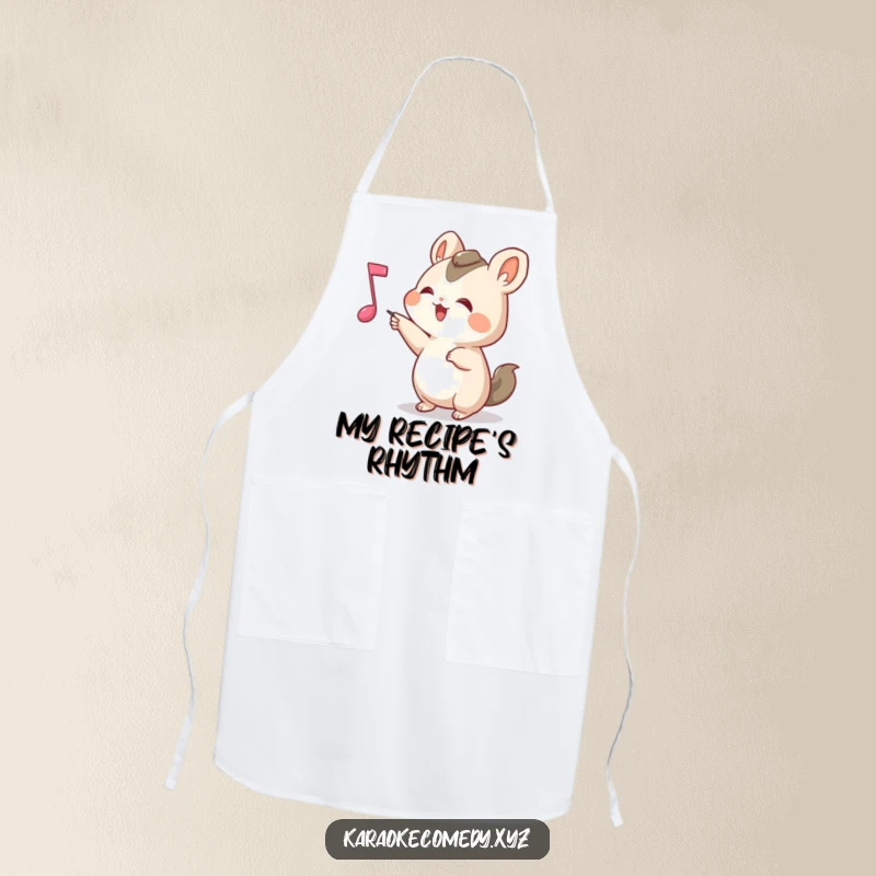 Funny Apron showing a small animal joyfully pointing at a bouncing musical note, perfect for adding humor and fun to cooking.