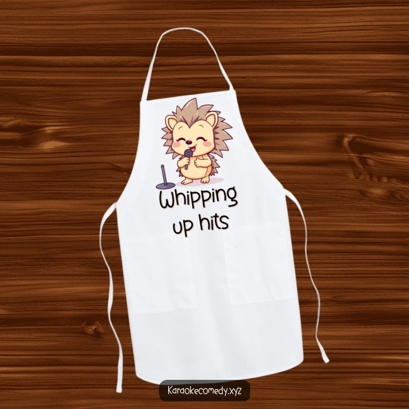 Funny apron with a happy hedgehog at a microphone stand, raising a paw in song while cooking.