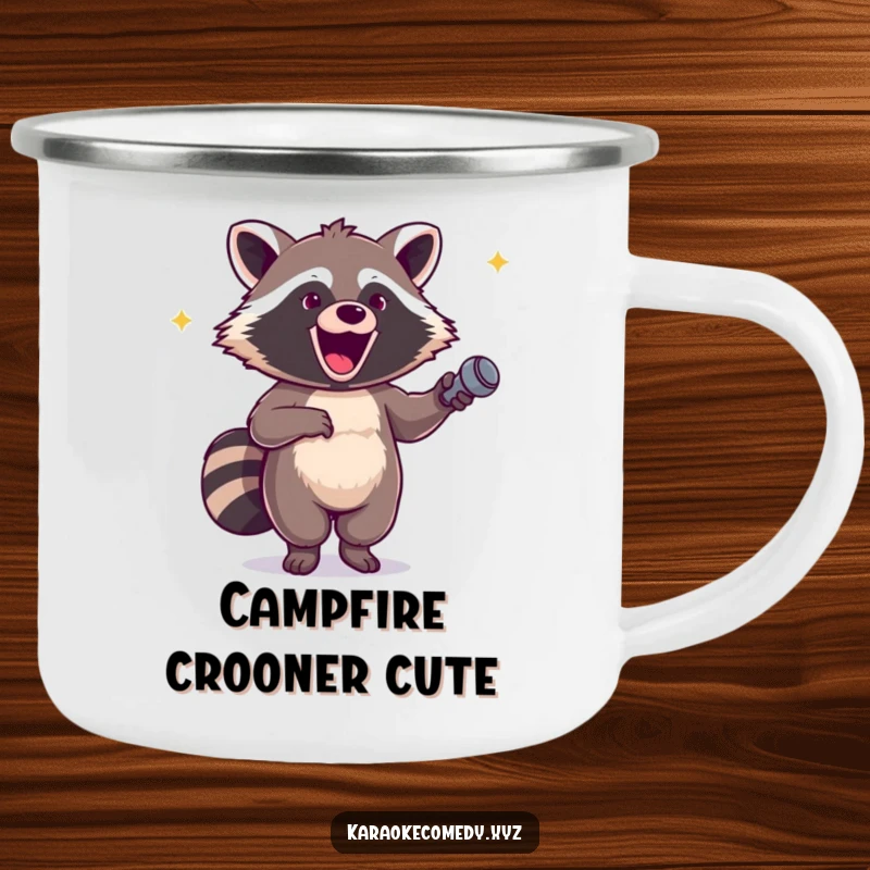 Funny camping mug with an excited raccoon holding a microphone, dancing with glee, perfect for outdoor fun.