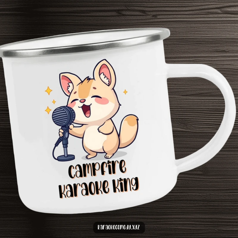 Funny Camping Mug featuring a small animal serenading the wilderness into a microphone, ready for outdoor adventures and hearty laughs.