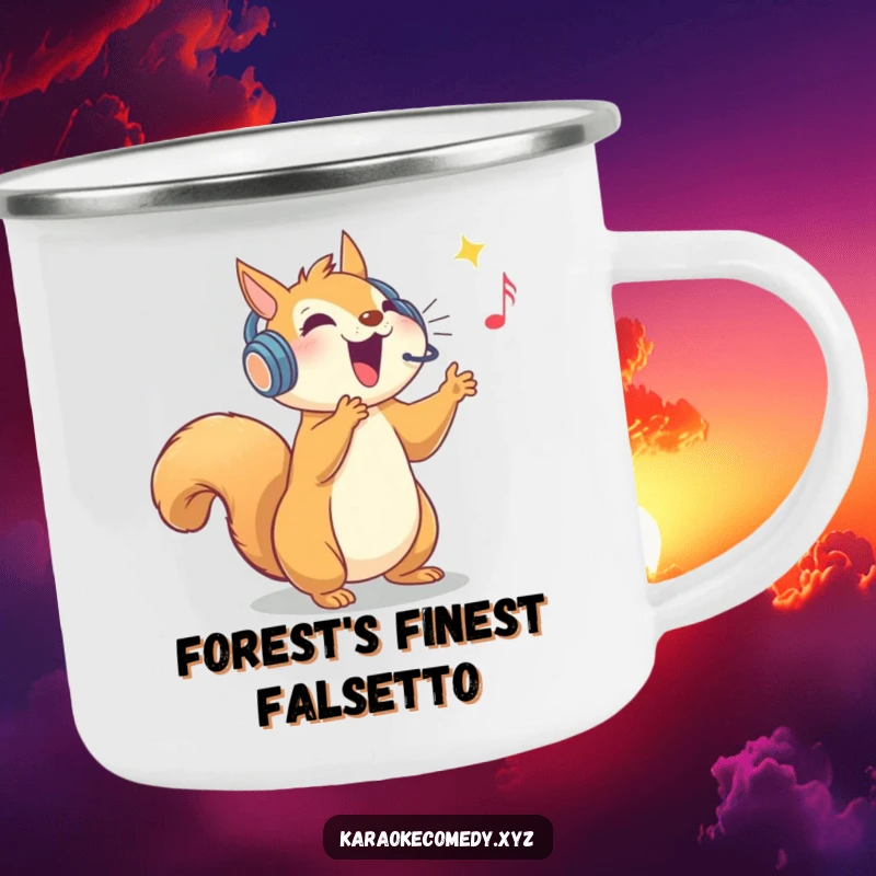 Funny camping mug with an ecstatic squirrel wearing a sparkly headset, hitting a high note, perfect for outdoors.