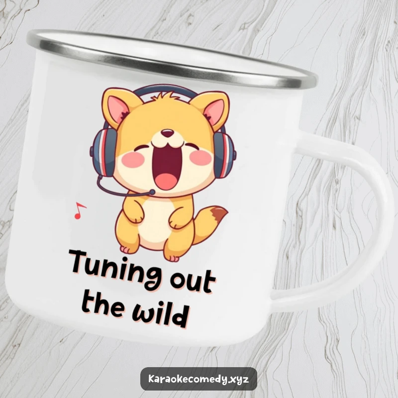Funny Camping Mug of an animal wearing headphones, enthusiastically belting out a tune, ready for outdoor music adventures.