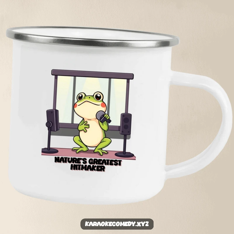 Funny camping mug with a singing frog, perfect for outdoor adventures and campfire karaoke sessions.
