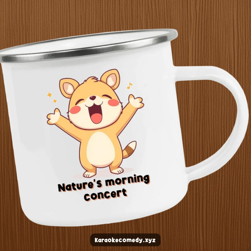 Funny Camping Mug of a happy animal with arms outstretched, singing loudly, ready for outdoor adventures and musical moments.