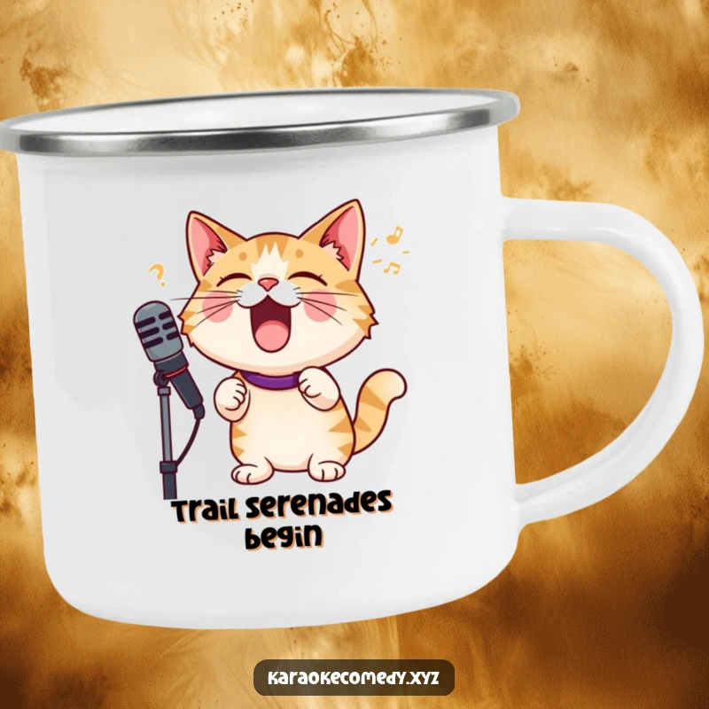 Funny cat with microphone, singing with joyful abandon, sturdy camping mug for outdoor adventures.