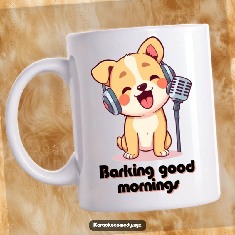 Funny dog wearing headphones, enthusiastically crooning into a microphone, a true music aficionado mug.