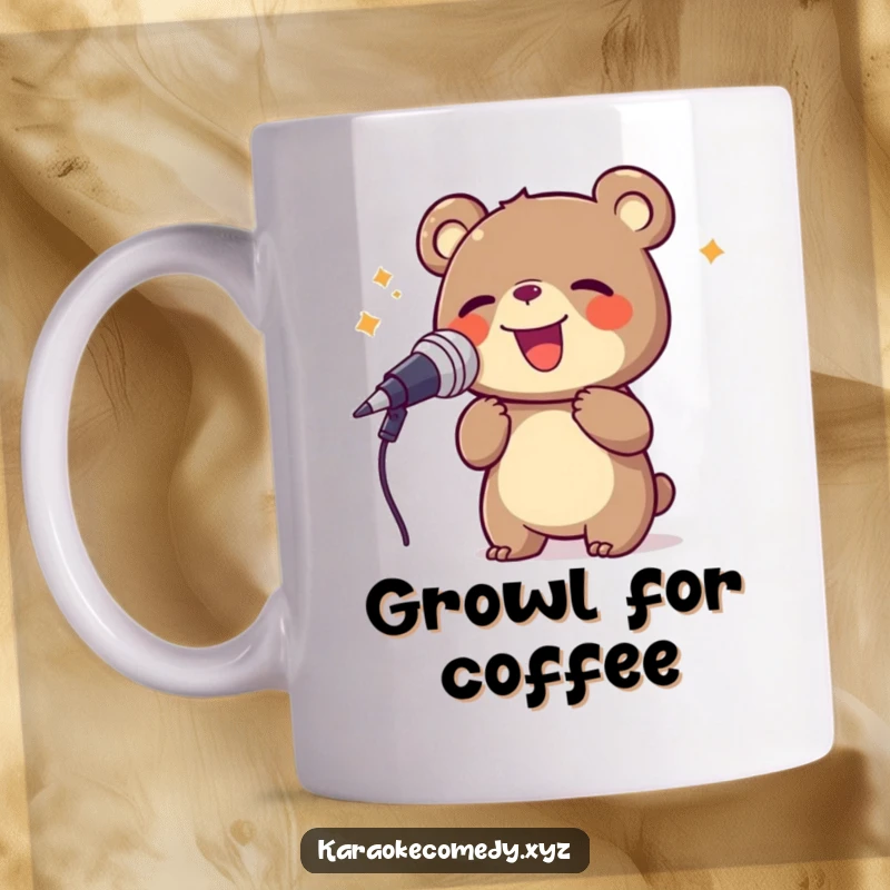 Funny bear joyfully singing into a large microphone, a powerful vocalist in the wild mug.