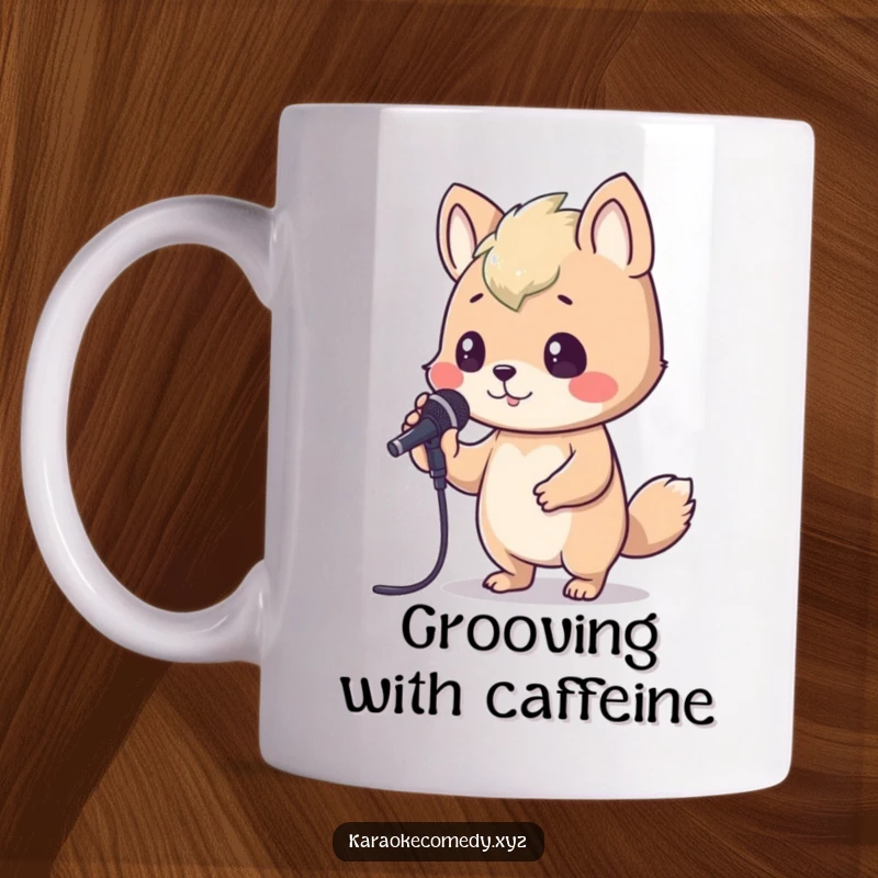 Funny Mug showcasing an animal enthusiastically bopping its head while holding a karaoke microphone, lost in the rhythm and fun.