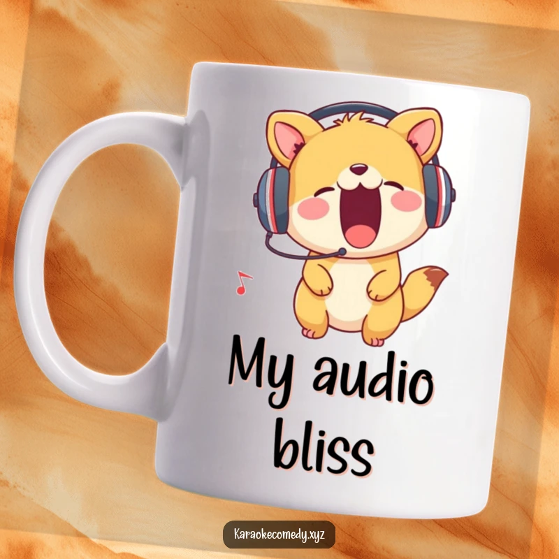 Funny Mug showing an animal wearing headphones, enthusiastically belting out a tune with eyes closed, lost in the music.