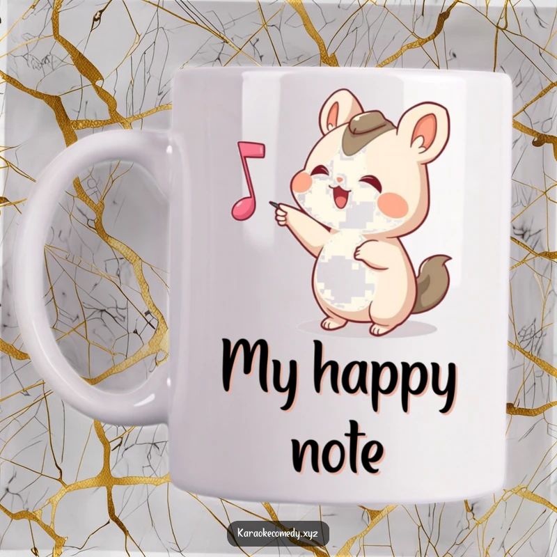 Funny Mug showing a small animal joyfully pointing with excitement at a bouncing musical note, brimming with musical energy.
