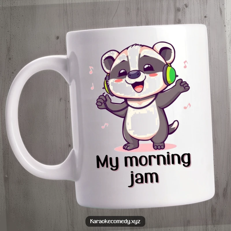 Funny mug featuring a badger wearing headphones, dancing with abandon and singing its heart out.