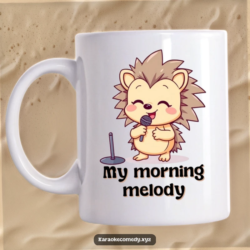 Funny mug of a happy hedgehog standing at a microphone stand, raising a paw in song with pure joy.