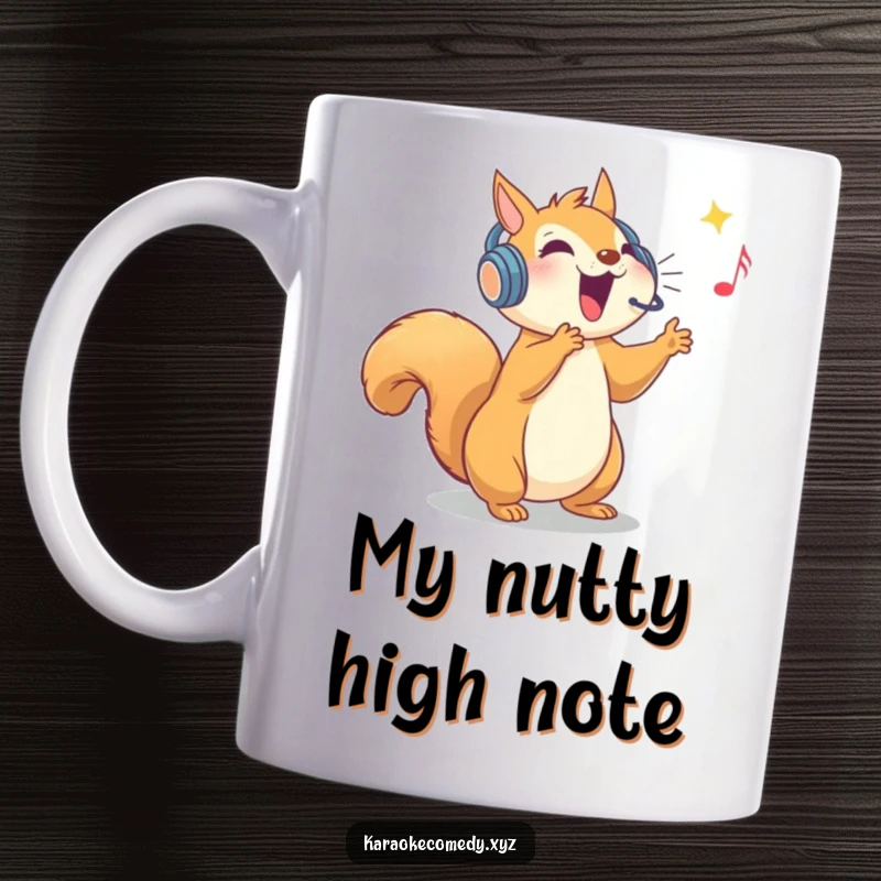 Funny mug of an ecstatic squirrel wearing a sparkly headset, hitting a high note with amazing vocal power.