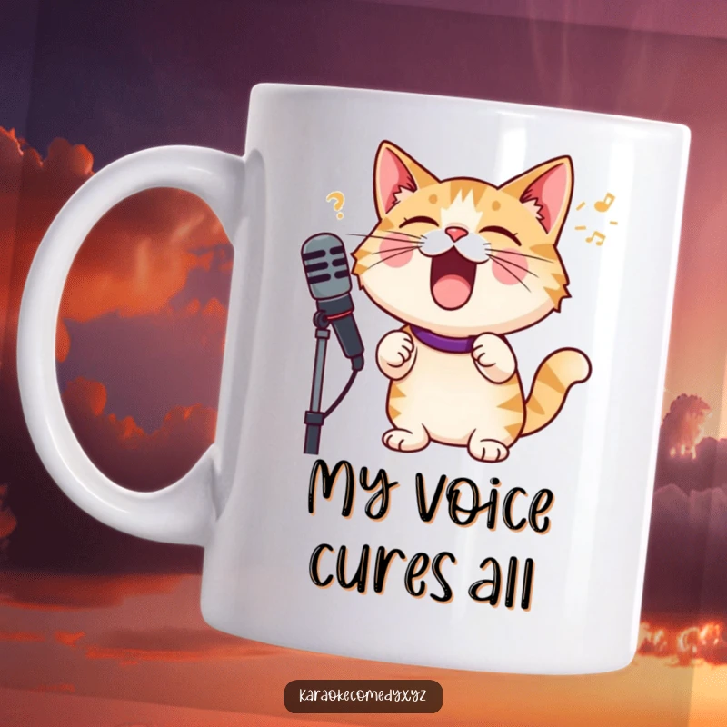 Funny cat with microphone singing joyfully, a rockstar in the making, perfect for cat lovers gift mug.