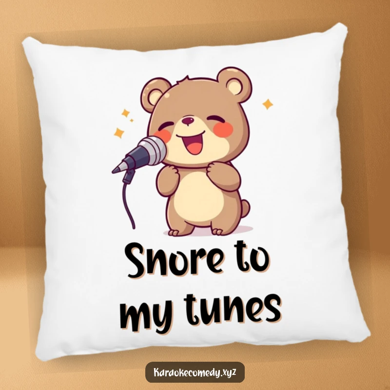 Funny bear joyfully singing into a large microphone, soft and humorous decorative pillow.