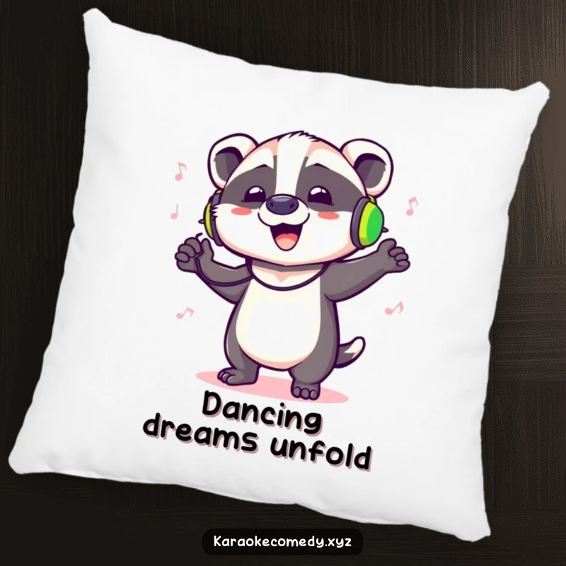 Funny pillow depicting a badger in headphones, dancing with abandon and singing, bringing joy and comfort.
