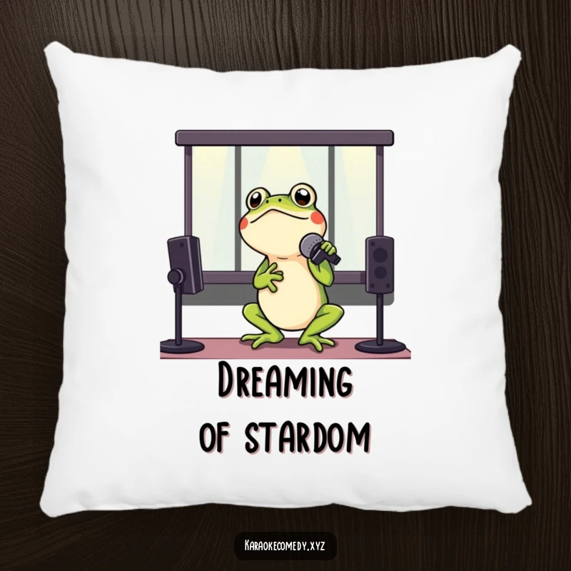 Funny pillow with a cheerful frog passionately singing into a microphone, exuding rockstar vibes.