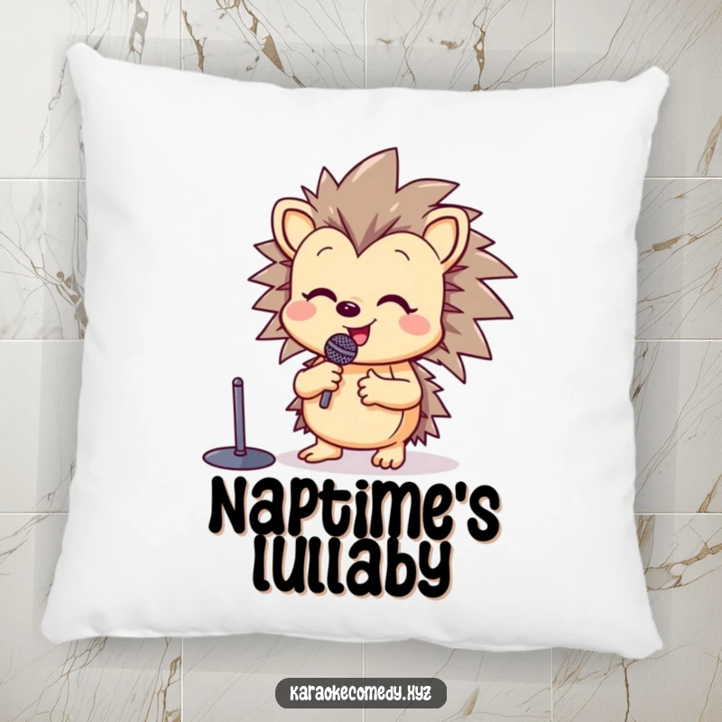 Funny pillow featuring a happy hedgehog at a microphone stand, raising a paw in song with cheerful vibes.