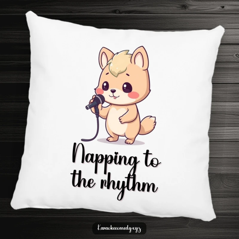 Funny Pillow depicting an animal bopping its head energetically while holding a karaoke microphone, adding humor and comfort.
