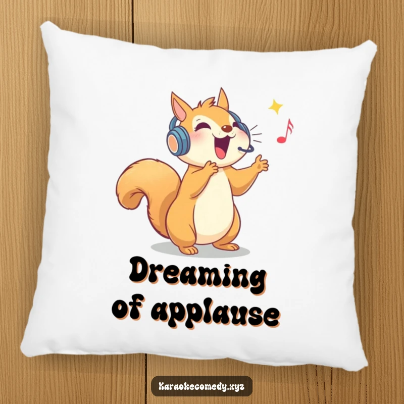 Funny pillow featuring an ecstatic squirrel in a sparkly headset, hitting a high note with vocal flair.