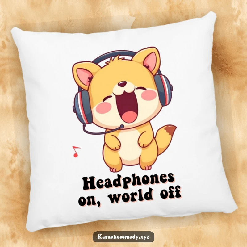 Funny Pillow depicting an animal wearing headphones, enthusiastically singing along, adding humor and comfort to any room.