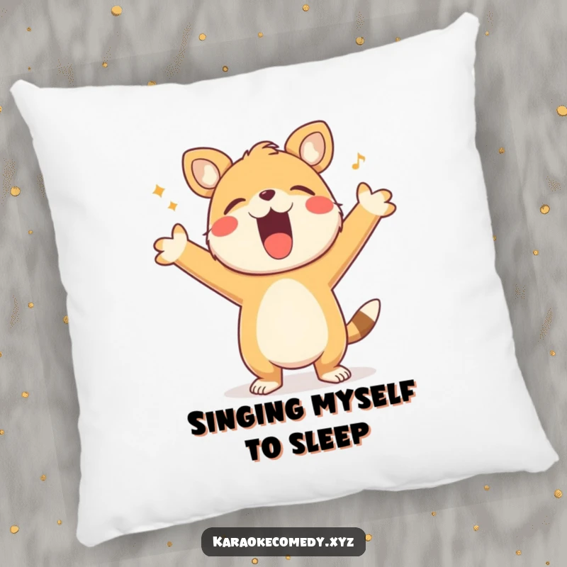 Funny Pillow with a happy animal singing loudly, arms outstretched, offering comfort and a cheerful musical vibe.