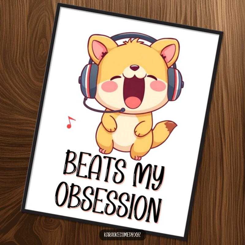 Funny Digital Art Print of an animal wearing headphones, enthusiastically belting out a tune, radiating pure musical enjoyment.