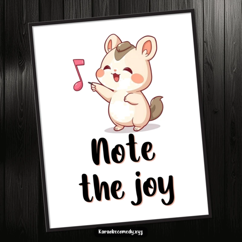 Funny Digital Art Print of a small animal joyfully pointing at a bouncing musical note, radiating pure musical delight.