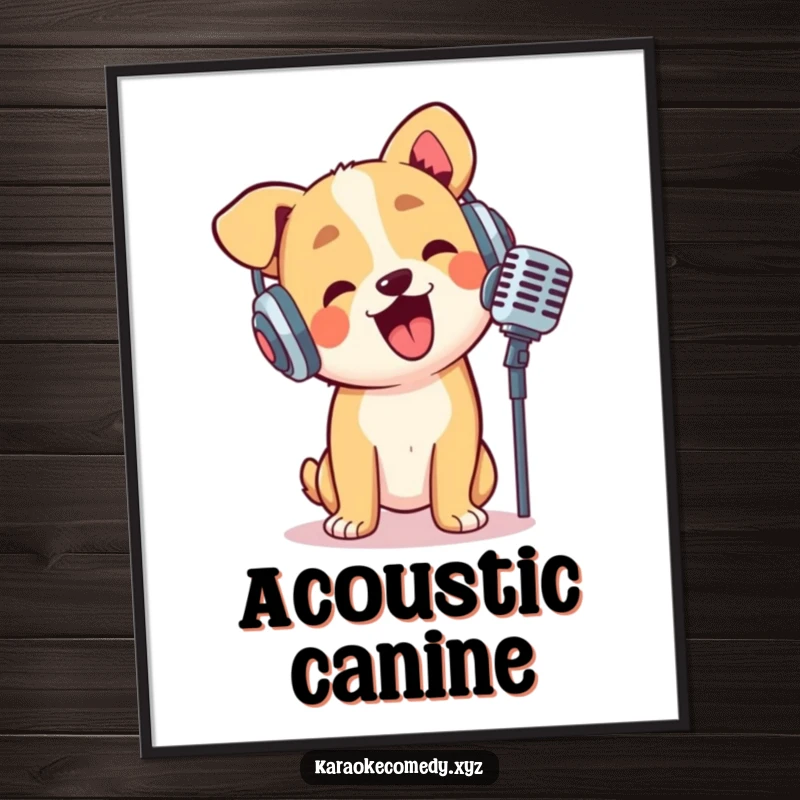 Funny dog wearing headphones, enthusiastically crooning into a microphone, high-resolution digital art print.