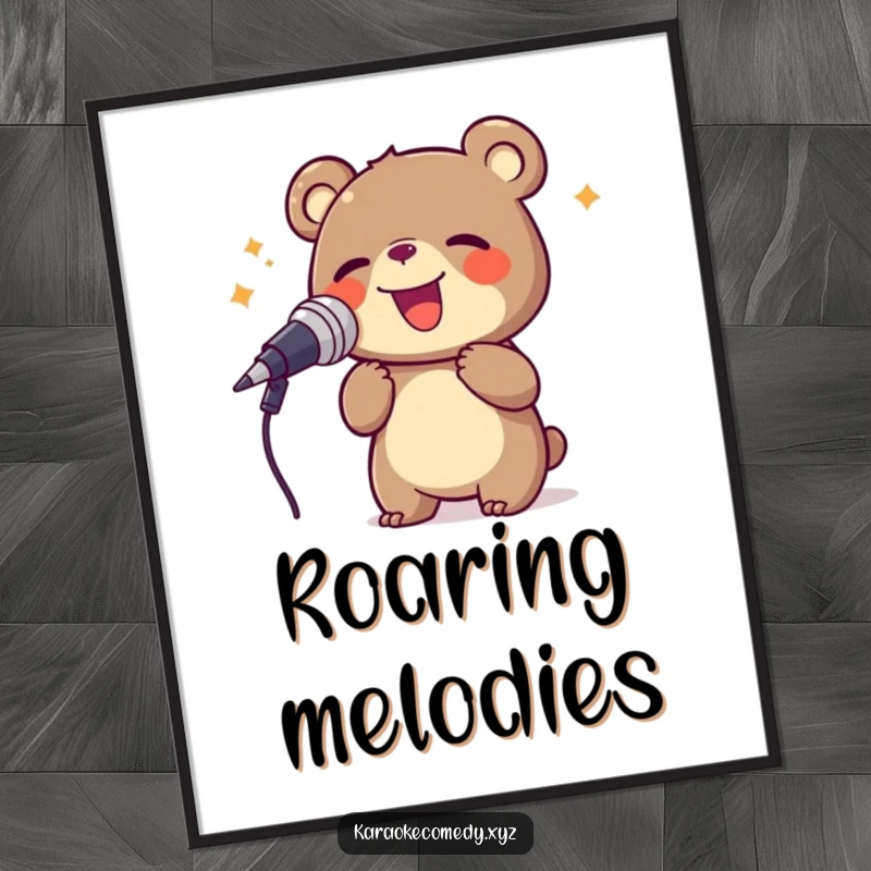 Funny bear joyfully singing into a large microphone, high-resolution digital art print.