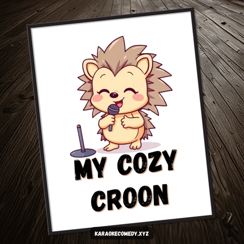 Funny digital art print of a happy hedgehog at a microphone stand, raising a paw in song with pure delight.