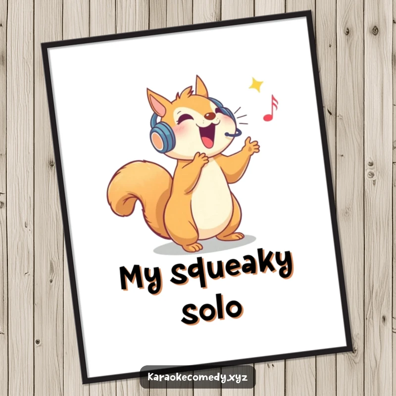 Funny digital art print of an ecstatic squirrel in a sparkly headset, hitting a high note with vocal power.