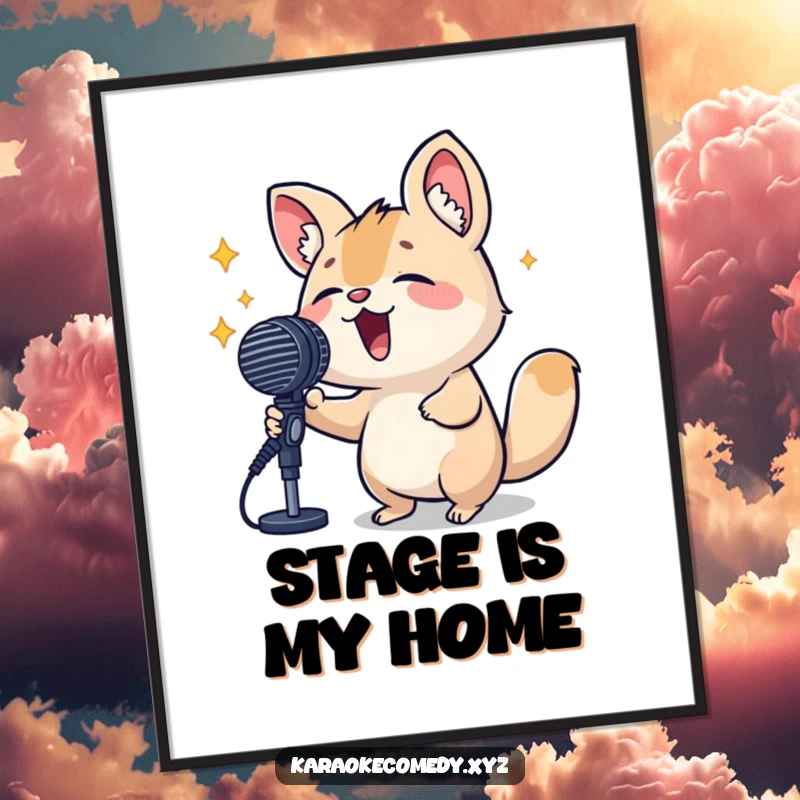 Funny Digital Art Print of a small animal enthusiastically singing into a large microphone, capturing a moment of pure musical passion.