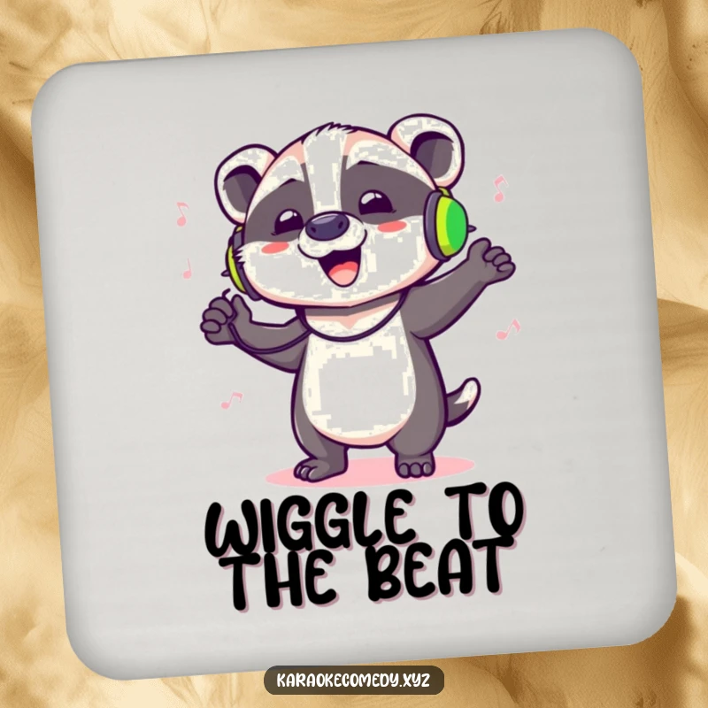 Funny drink coaster featuring a badger wearing headphones, dancing energetically to music.