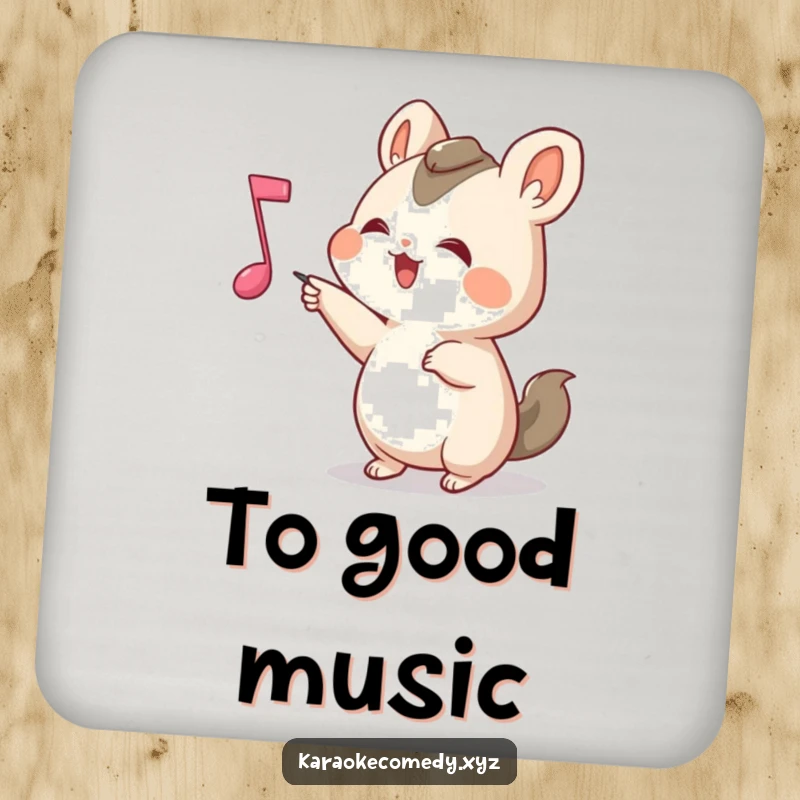 Funny Drink Coaster showing a small animal joyfully pointing at a bouncing musical note, adding a humorous musical touch to any setting.