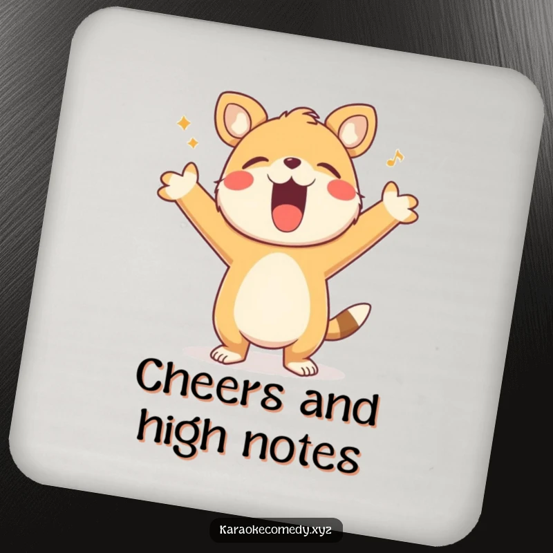 Funny Drink Coaster showing a happy animal with arms outstretched, singing loudly, adding a humorous musical touch to any setting.