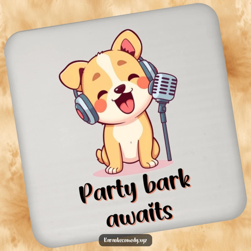 Funny dog wearing headphones, crooning into a microphone, protective drink coasters, adds musical humor.