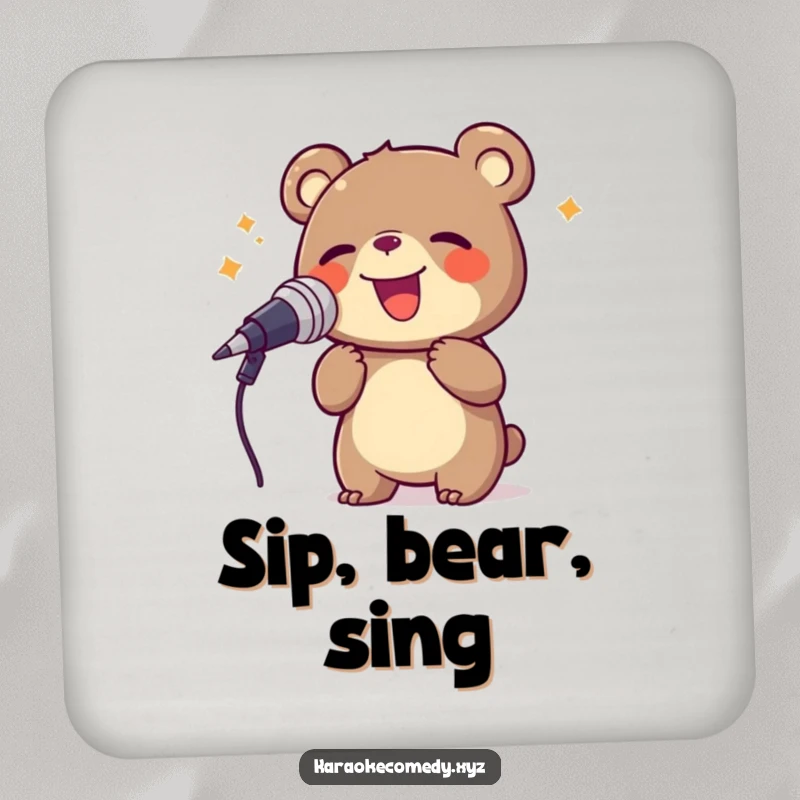 Funny bear singing into a large microphone, protective drink coasters, adds wild humor to tables.