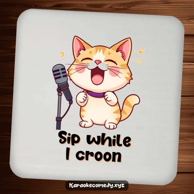 Funny cat with microphone, singing with joyful abandon, protective drink coasters, adds humor to tables.