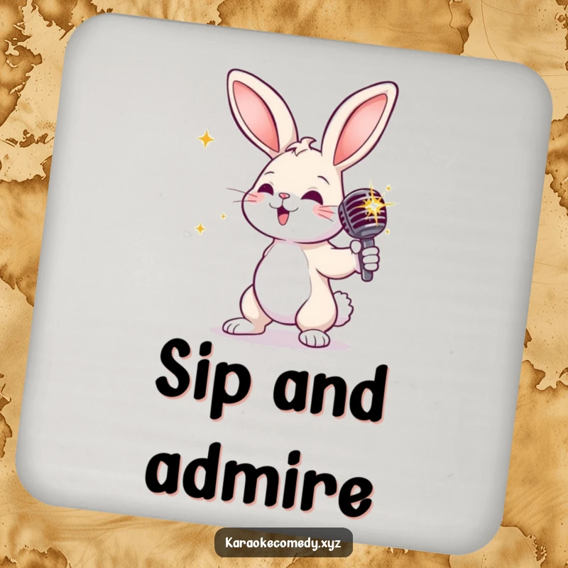 Funny rabbit with a sparkly microphone, striking a dramatic pose, protective drink coasters, adds glamour.