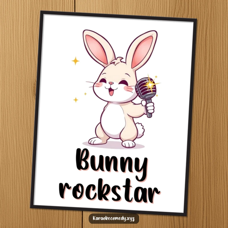 Funny rabbit with a sparkly microphone, striking a dramatic pose, vibrant wall art for theatrical flair.