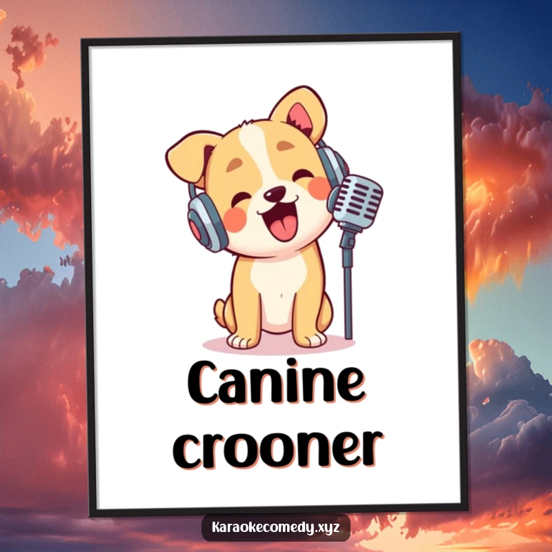 Funny dog wearing headphones, enthusiastically crooning into a mic, lively wall art for music fans.