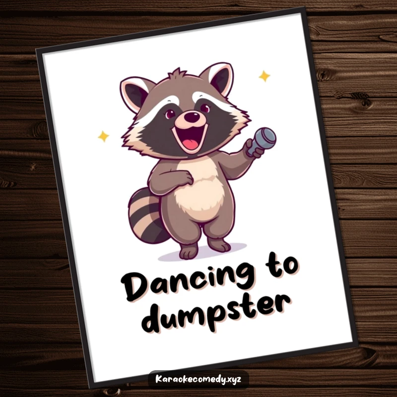 Funny poster of an excited raccoon holding a microphone, dancing with pure glee and infectious energy.
