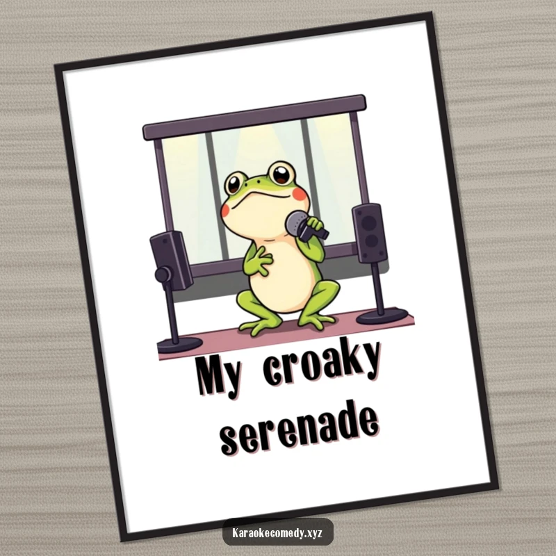 Funny poster of an energetic frog singing its heart out with a microphone in a classic karaoke setting.