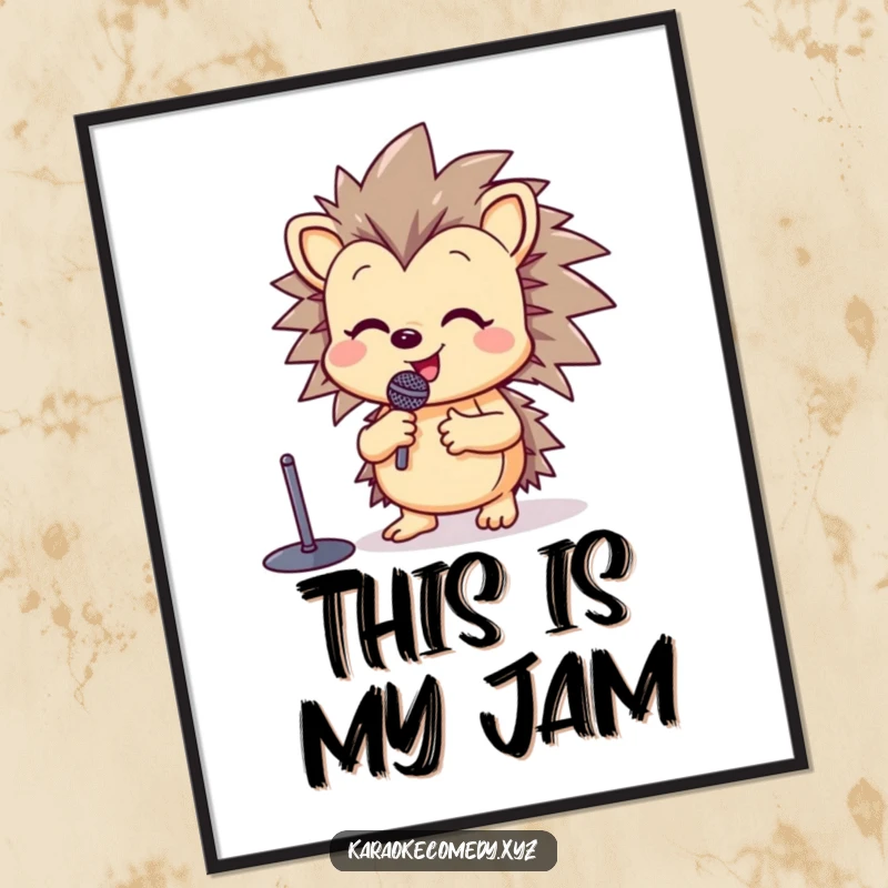 Funny poster of a happy hedgehog at a microphone stand, raising a paw in song with pure vocal joy.