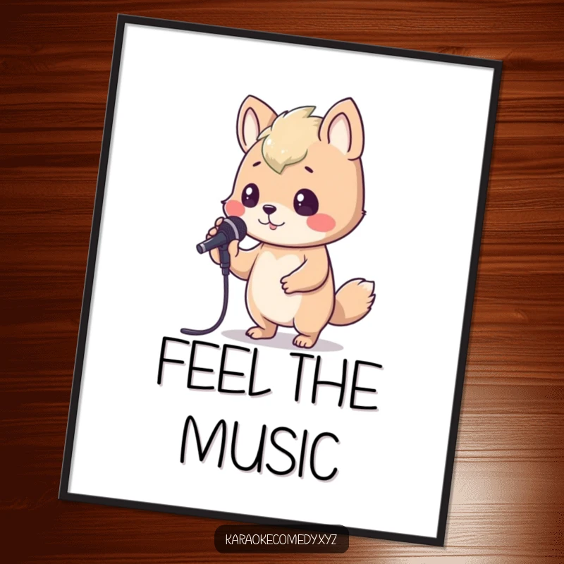 Funny Poster capturing an animal enthusiastically bopping its head to the music while holding a karaoke microphone, full of life.
