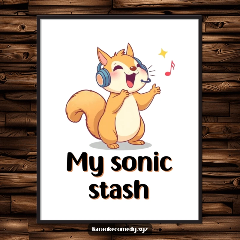 Funny poster of an ecstatic squirrel in a sparkly headset, hitting a high note with vocal intensity.